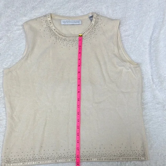 Valerie Stevens Cream Ribbed Embellished Tank Top 100% cashmere - Picture 5 of 6
